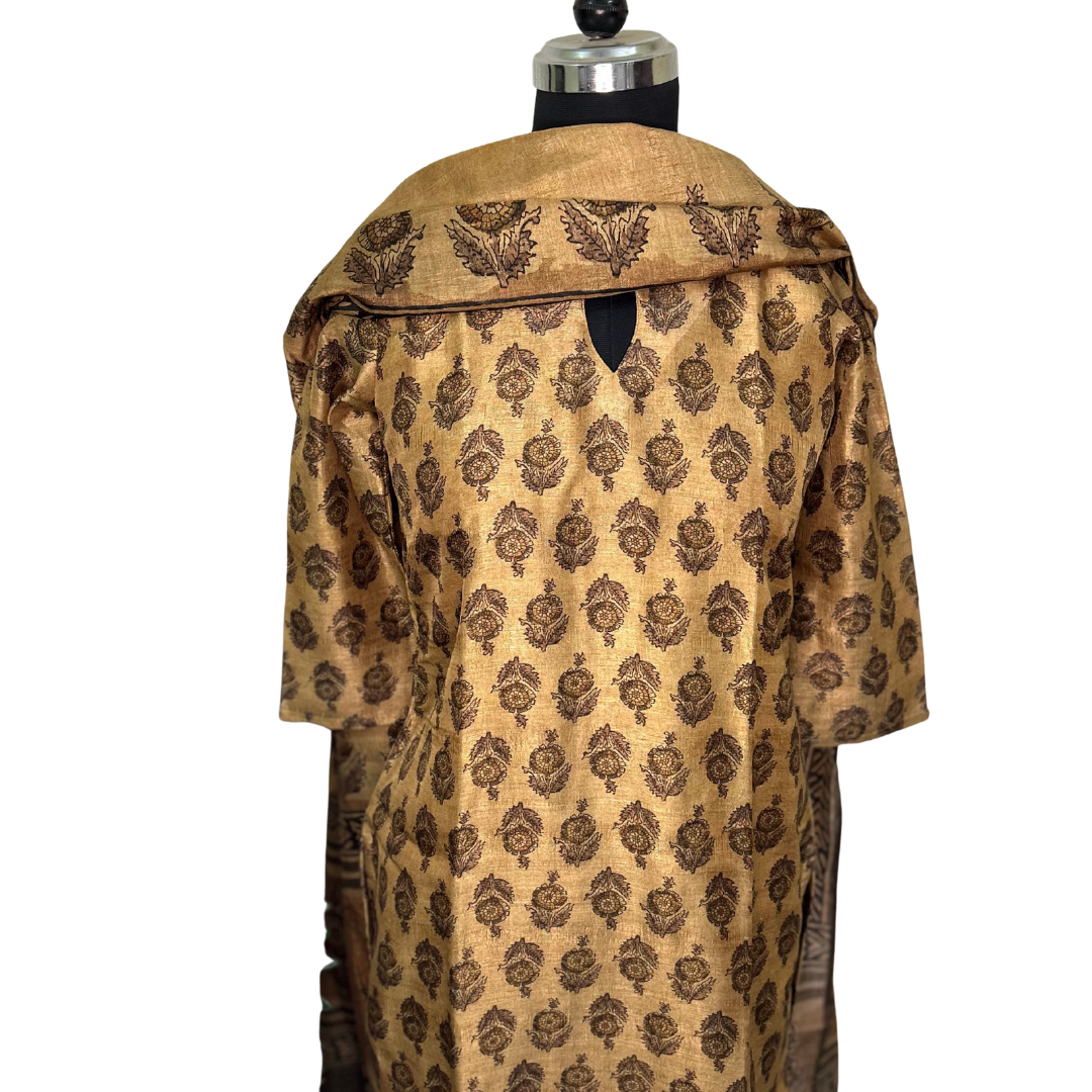 Mughal Print Raw Silk 3-piece Salwar set - Gold
