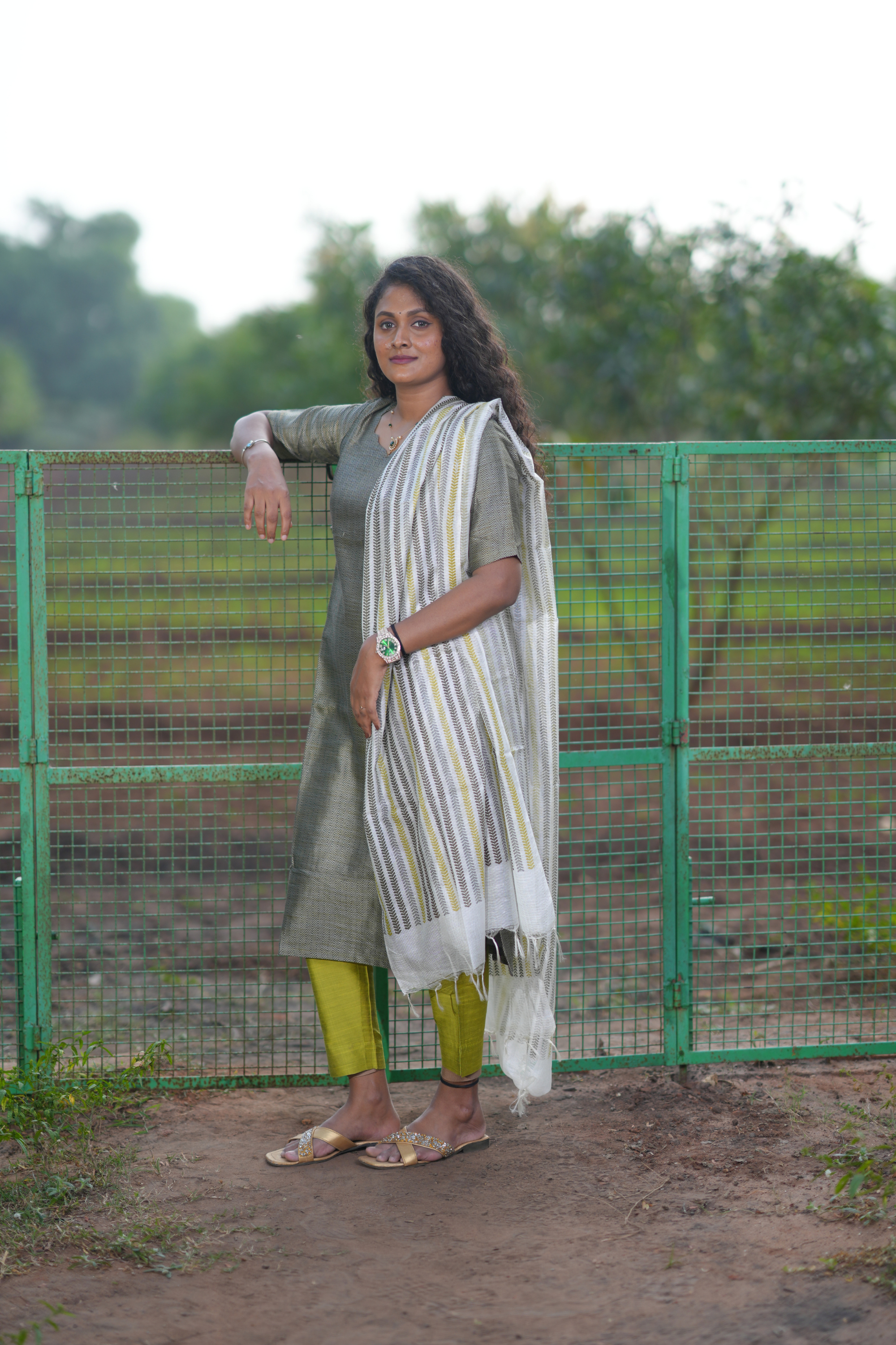 Grey Cotton Salwar Set with contrast bottom and dupatta