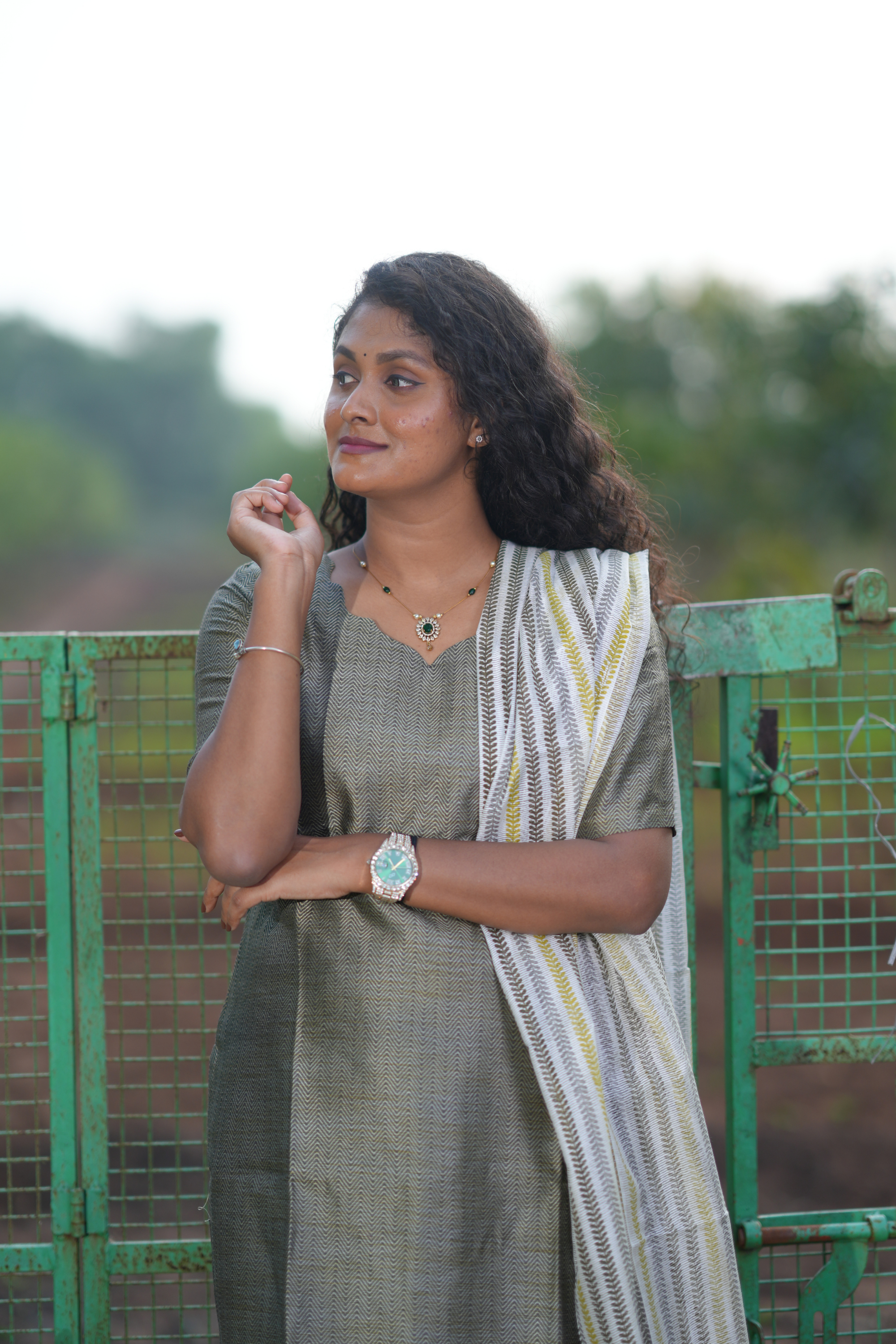 Grey Cotton Salwar Set with contrast bottom and dupatta