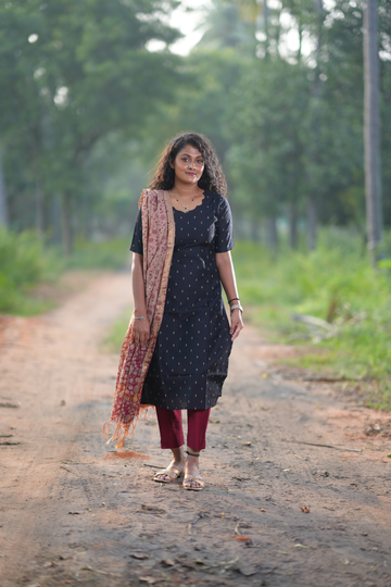 Black Raw Silk Salwar Set with contrast bottom and printed dupatta