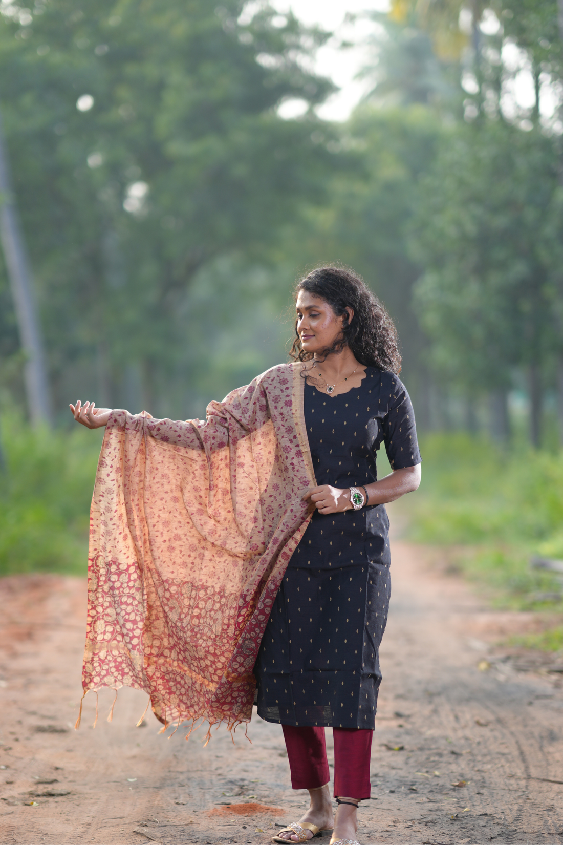 Black Raw Silk Salwar Set with contrast bottom and printed dupatta
