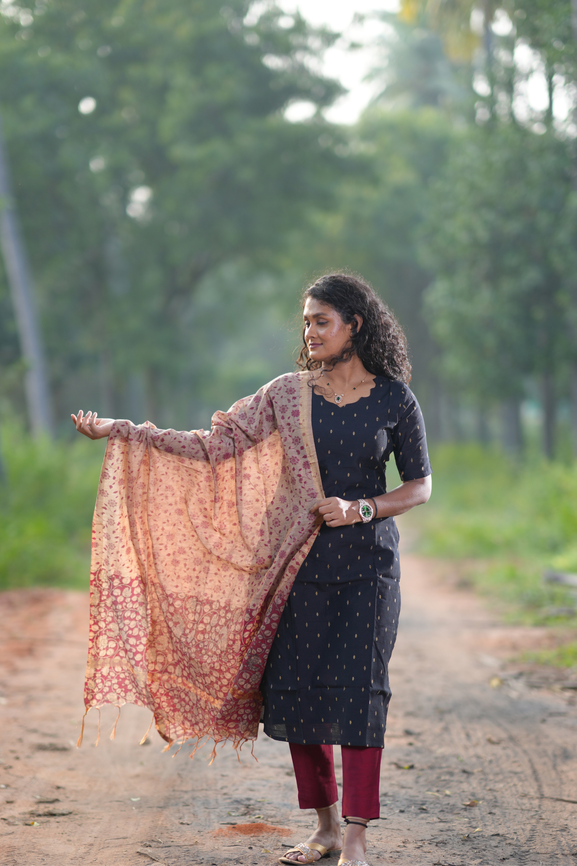 Black Raw Silk Salwar Set with contrast bottom and printed dupatta