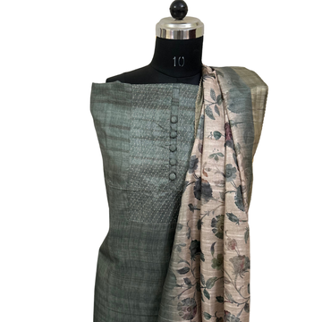 Ethnic Raw Silk Top and Printed Dupatta Unstitched Salwar set - Green