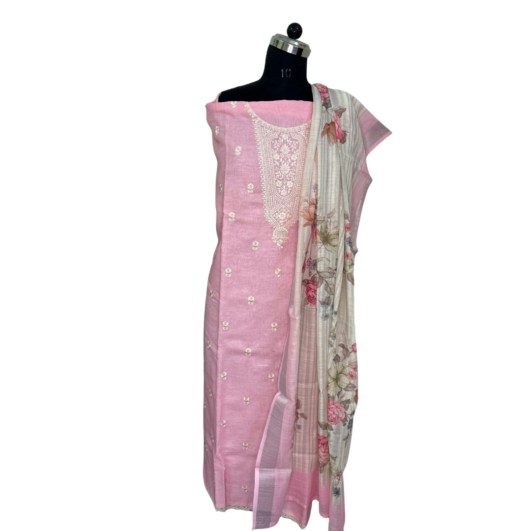 Cotton Linen Unstitched Salwar set with Printed Dupatta - Pink