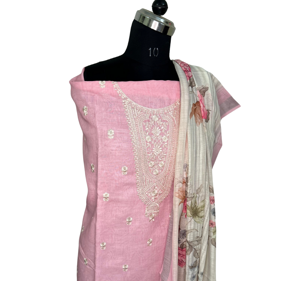 Cotton Linen Unstitched Salwar set with Printed Dupatta - Pink