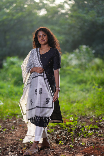 Black Raw Silk Salwar Set with Printed Dupatta