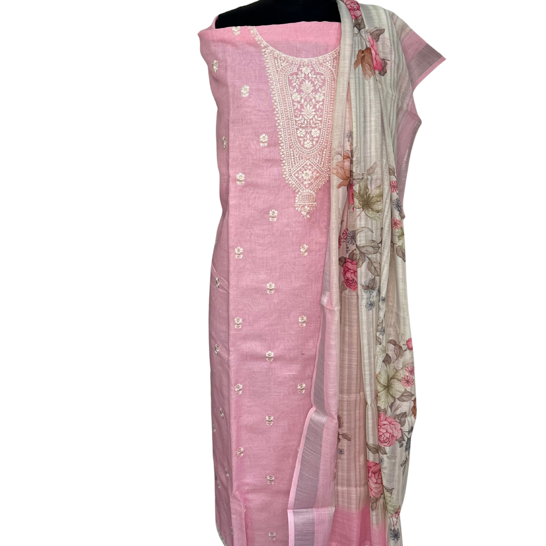 Cotton Linen Unstitched Salwar set with Printed Dupatta - Pink