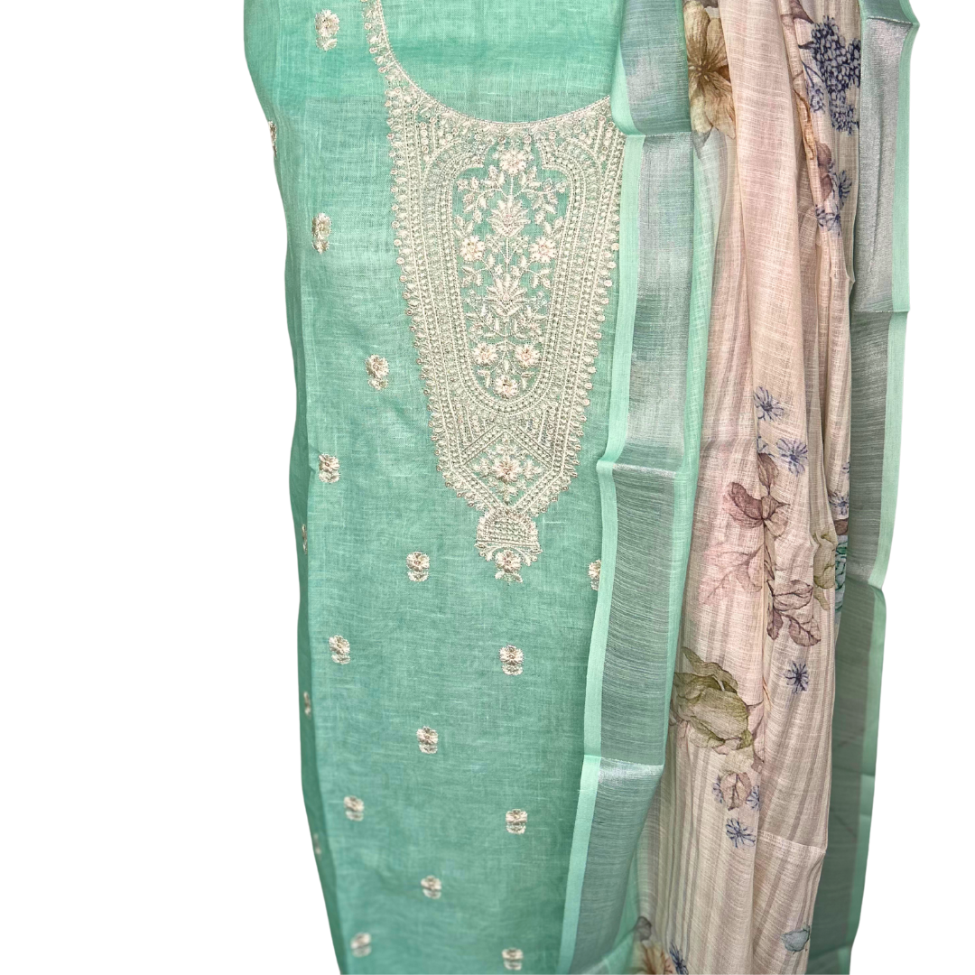Cotton Linen Unstitched Salwar set with Printed Dupatta - Pastel Green