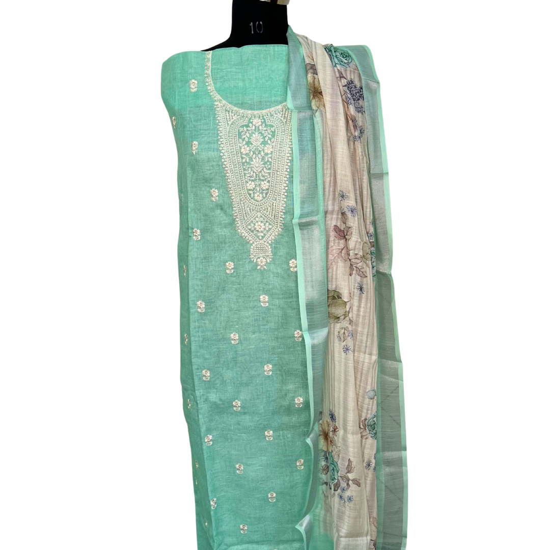 Cotton Linen Unstitched Salwar set with Printed Dupatta - Pastel Green