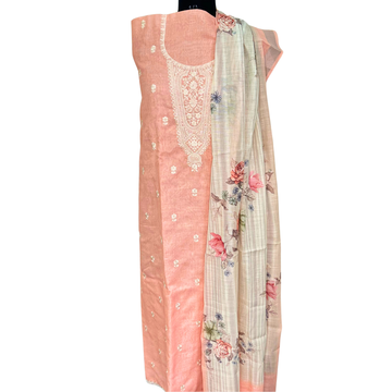 Cotton Linen Unstitched Salwar set with Floral Printed Dupatta - Peach
