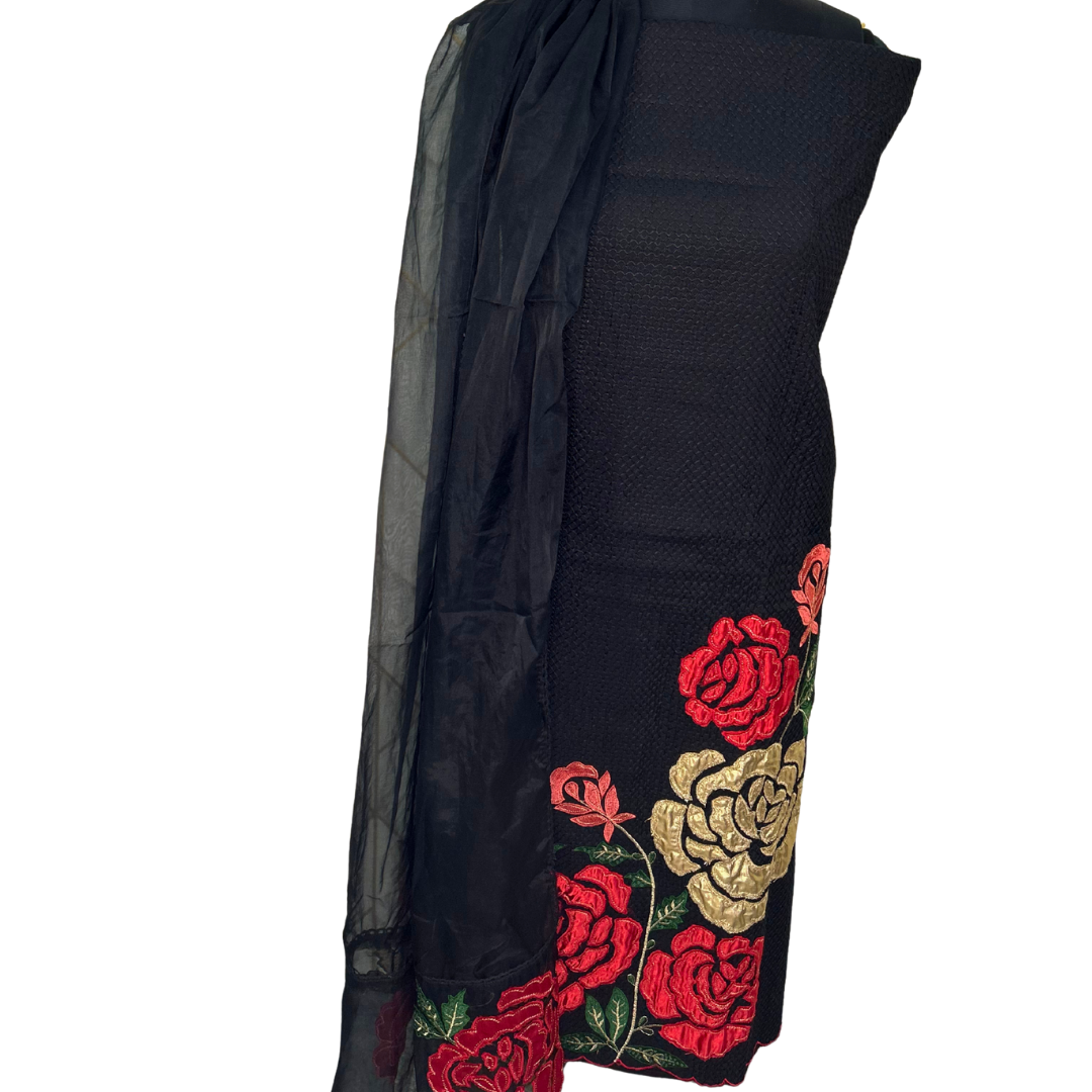 Floral Embroidered Unstitched Salwar Set - Black