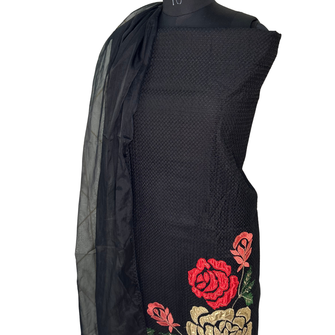 Floral Embroidered Unstitched Salwar Set - Black