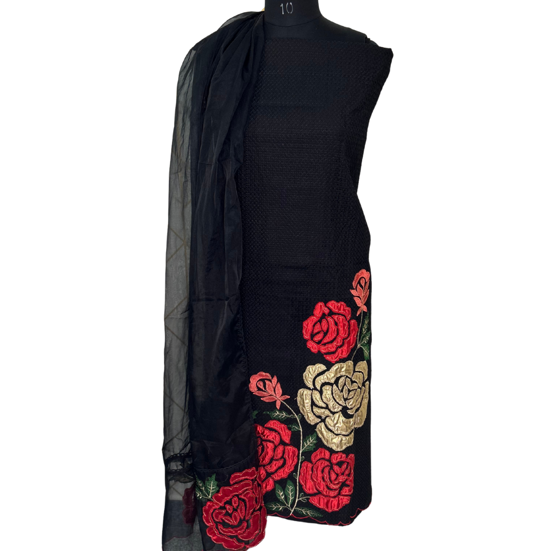 Floral Embroidered Unstitched Salwar Set - Black