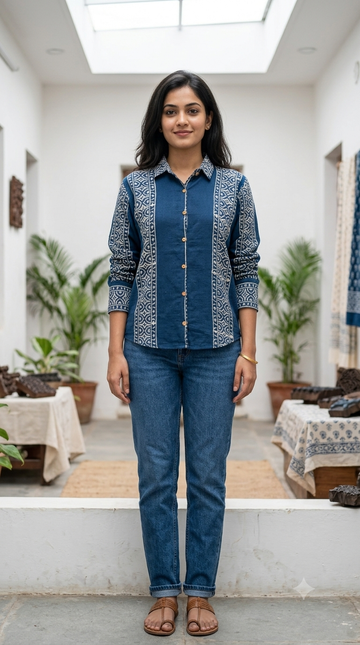 Blue Cotton Shirt with Prints