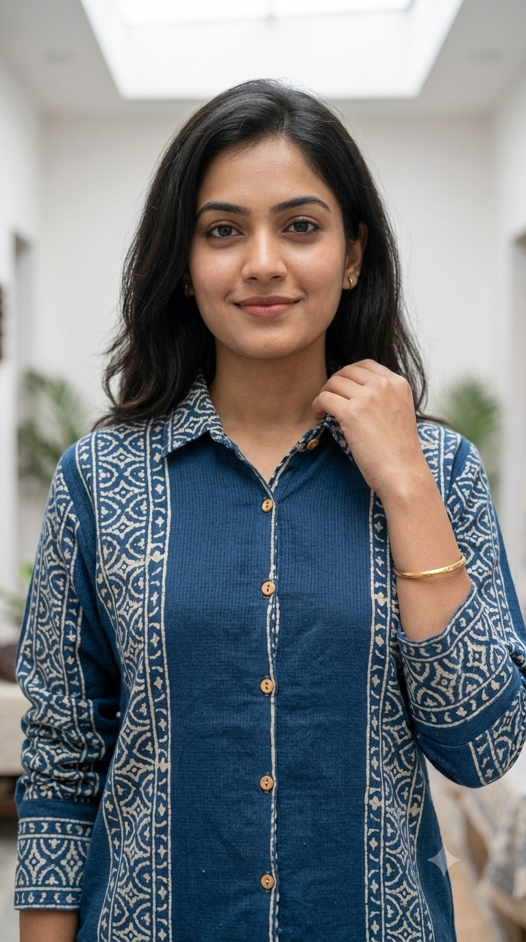 Blue Cotton Shirt with Prints
