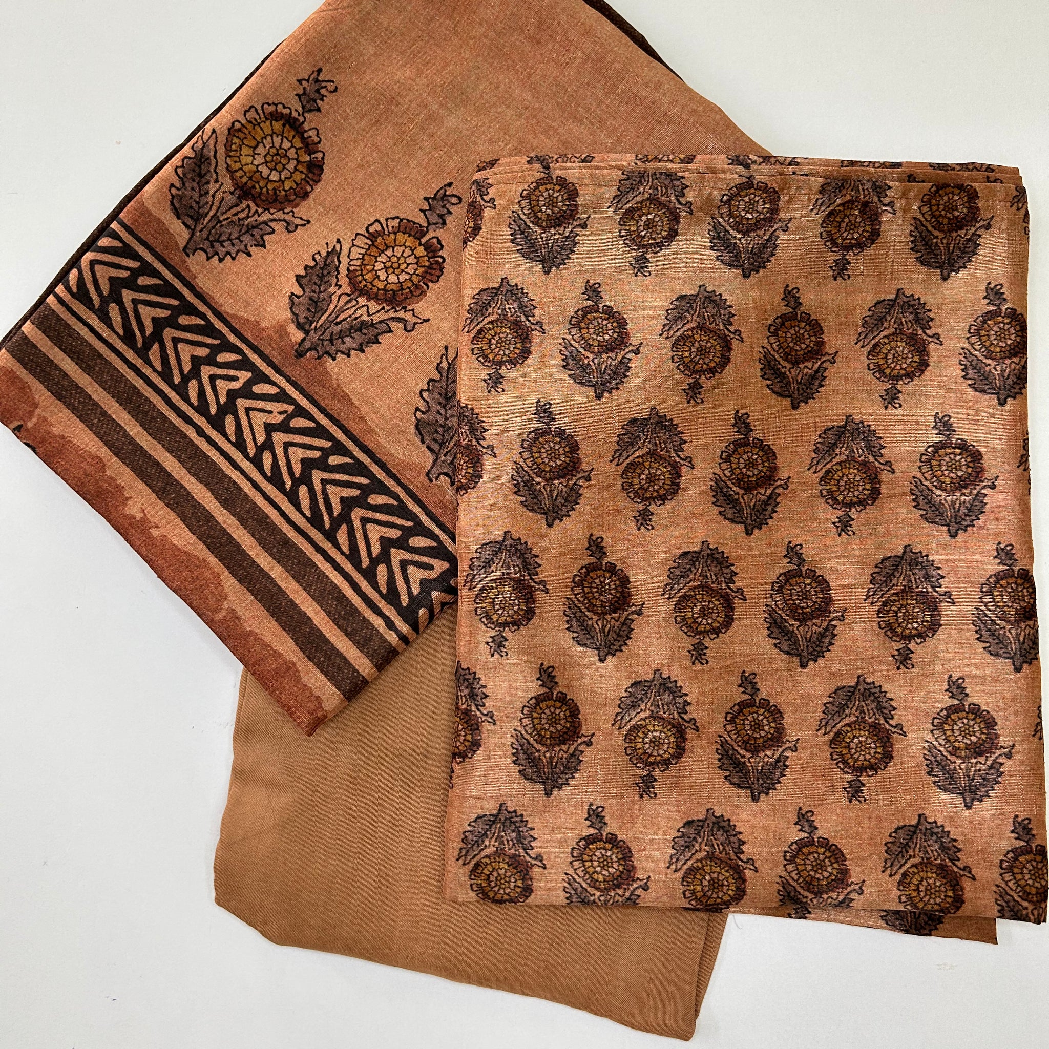 Mughal Print Raw Silk Unstitched Salwar set - Bronze