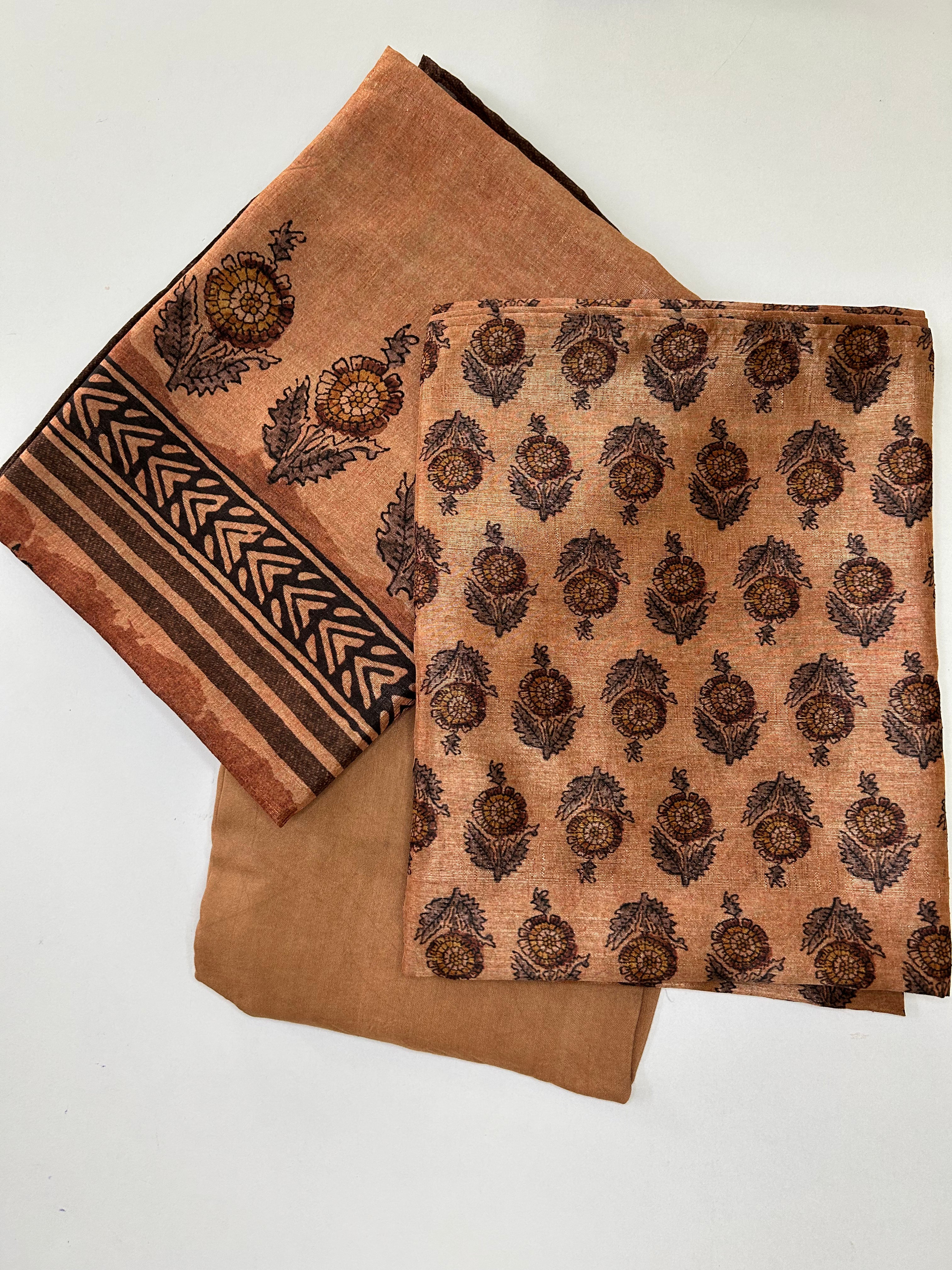 Mughal Print Raw Silk Unstitched Salwar set - Bronze