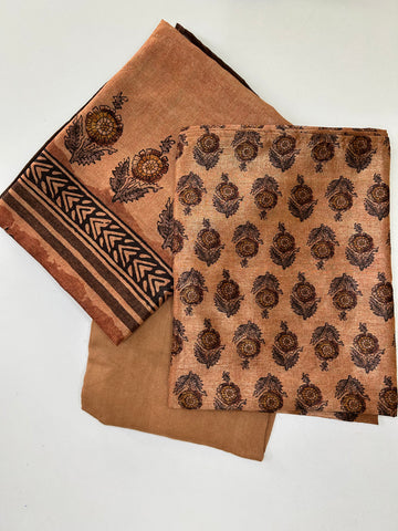 Mughal Print Raw Silk Unstitched Salwar set - Bronze