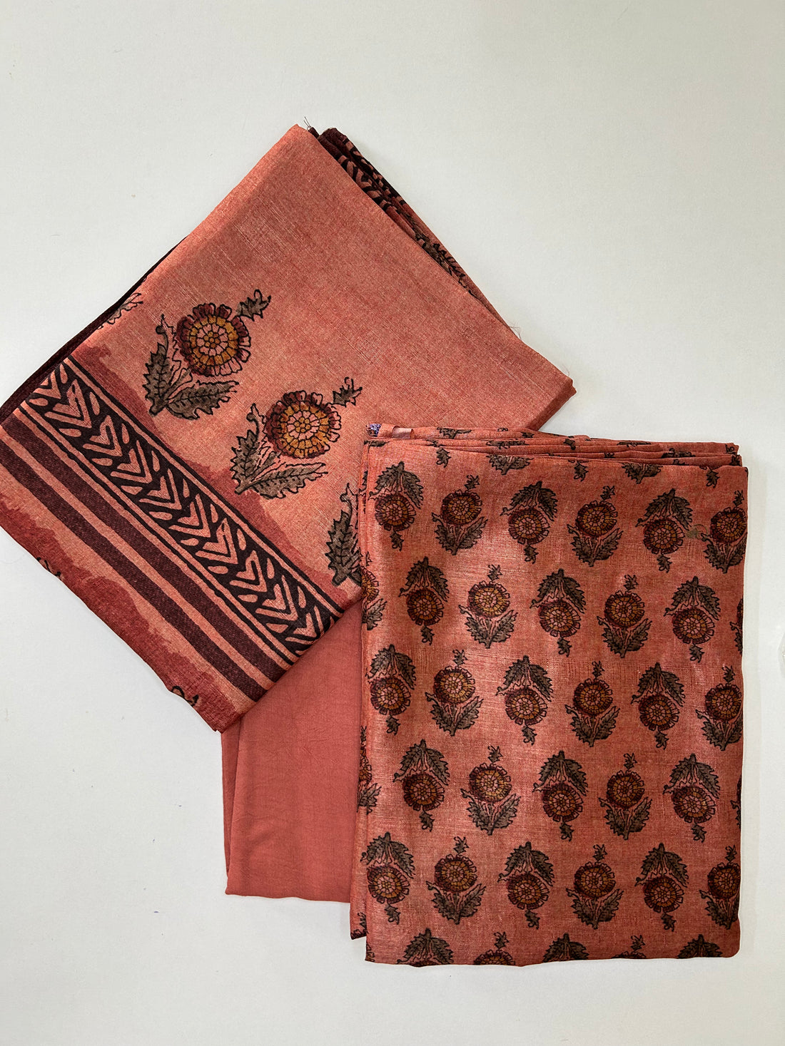 Mughal Print Raw Silk Unstitched Salwar set - Copper