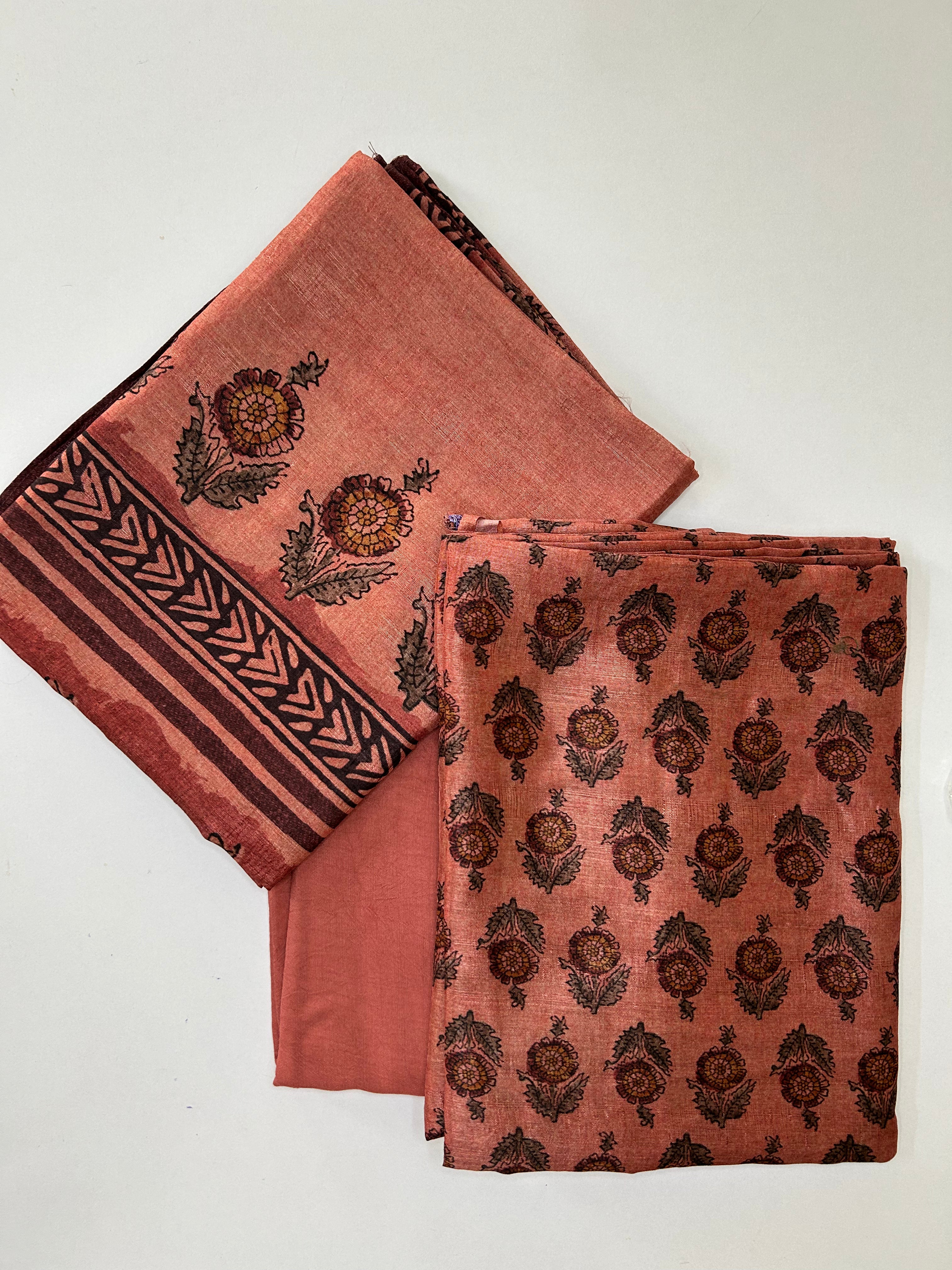Mughal Print Raw Silk Unstitched Salwar set - Copper