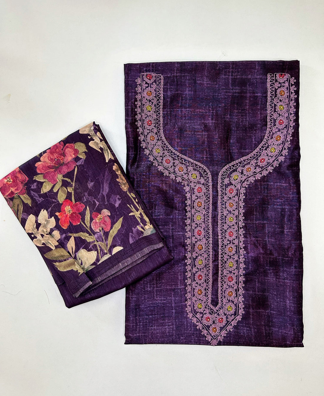 Embroidered Raw Silk Unstitched Salwar set with Printed Dupatta - Purple