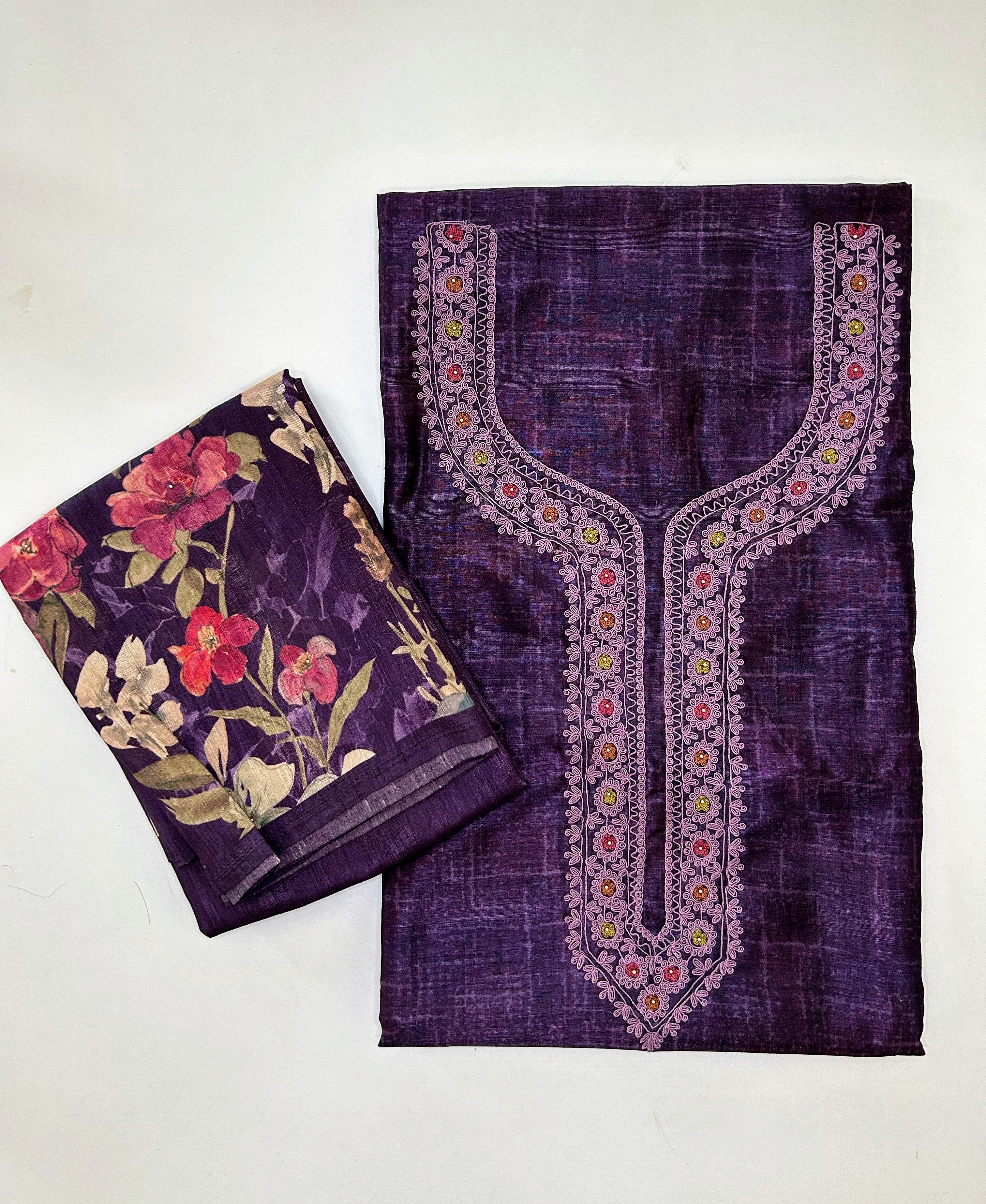 Embroidered Raw Silk Unstitched Salwar set with Printed Dupatta - Purple