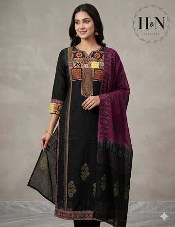 Black Embroidered Kurta Set with Contrast Dupatta