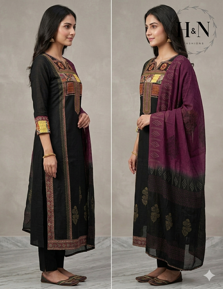 Black Embroidered Kurta Set with Contrast Dupatta