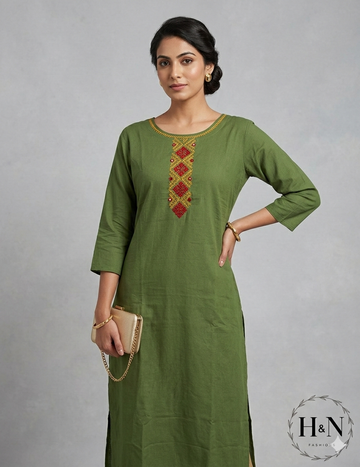 Green Kurta Set with embroidered neckline