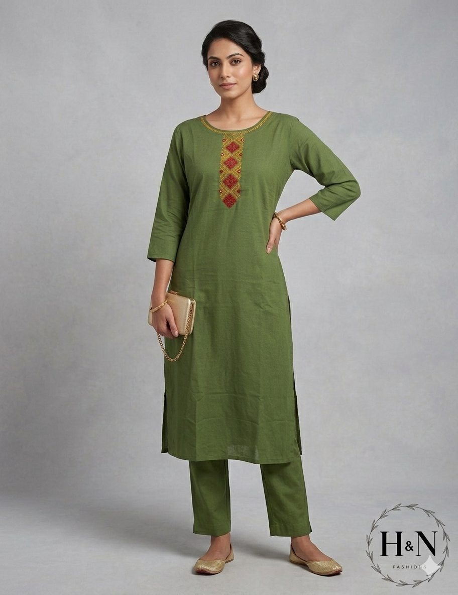 Green Kurta Set with embroidered neckline