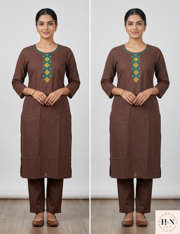 Brown Kurta Set with neck embroidery