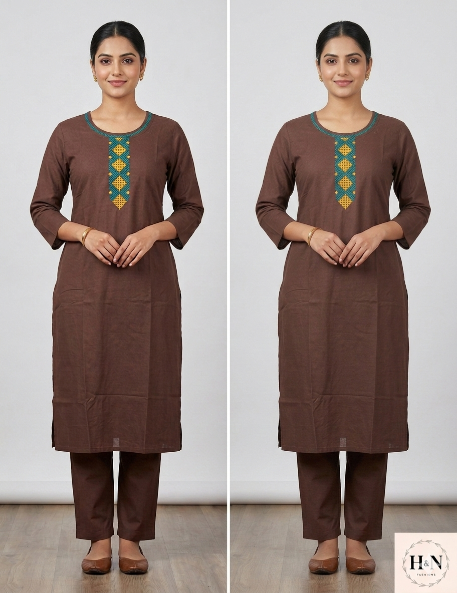 Brown Kurta Set with neck embroidery