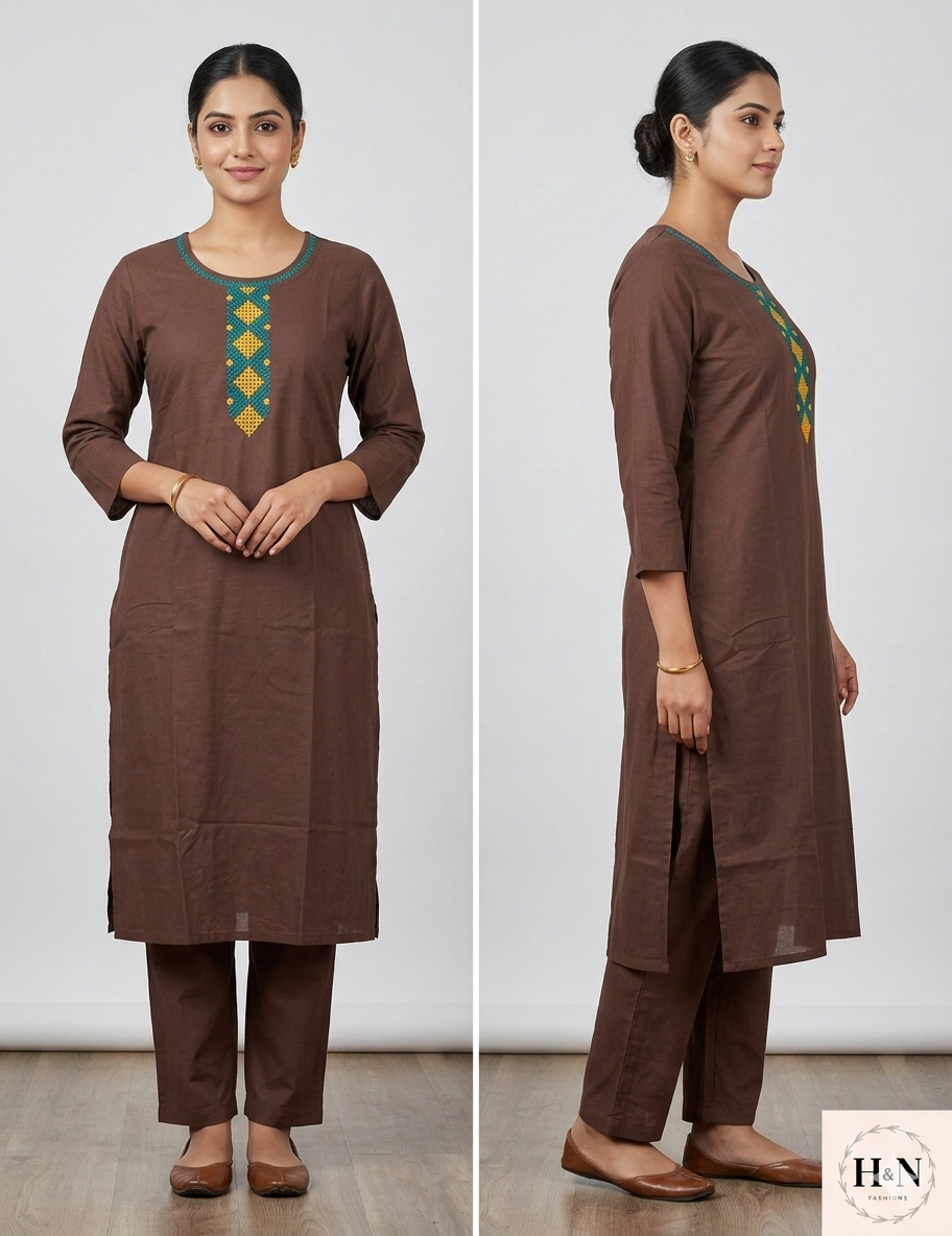Brown Kurta Set with neck embroidery