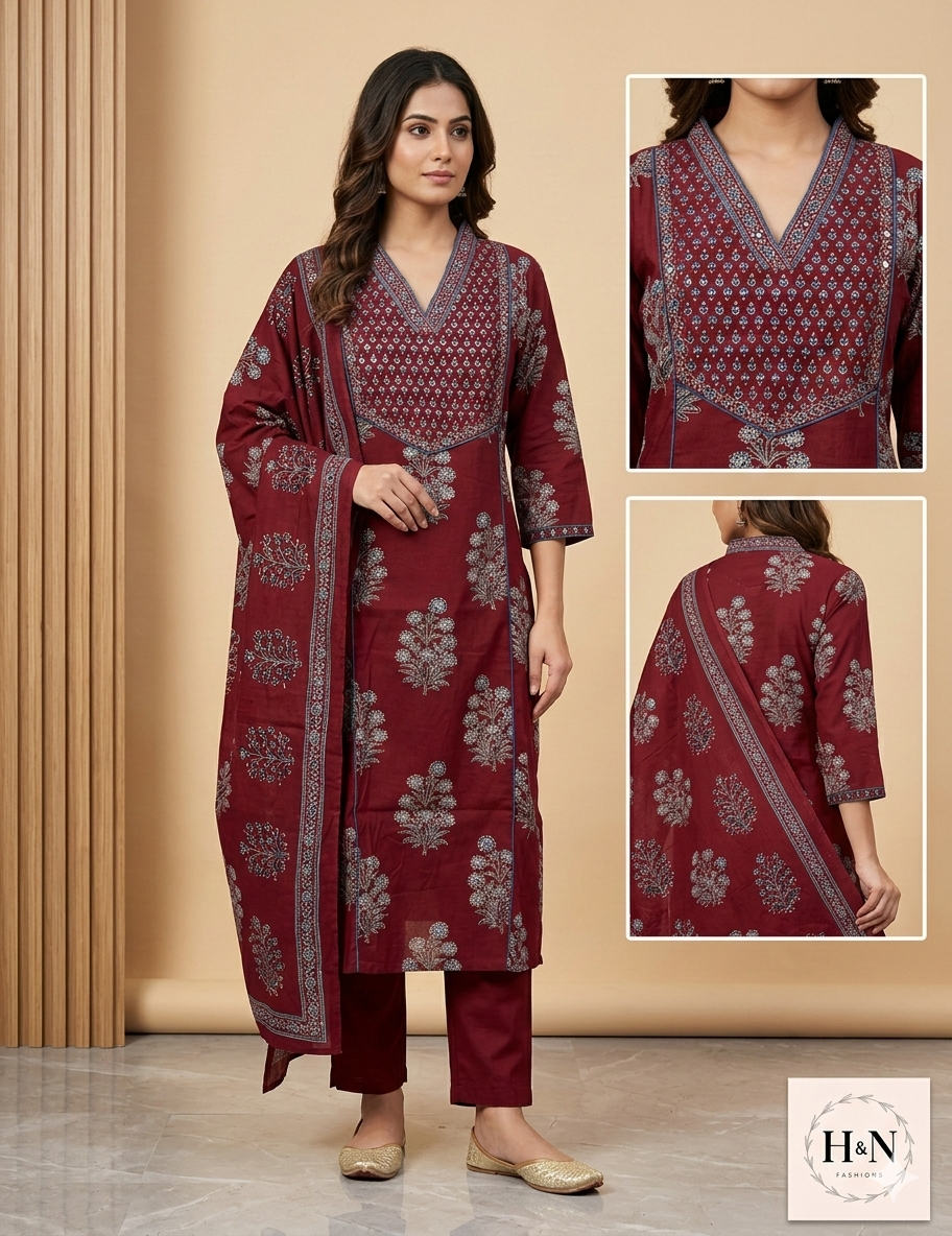 Maroon Mughal Printed Kurta Set with Dupatta