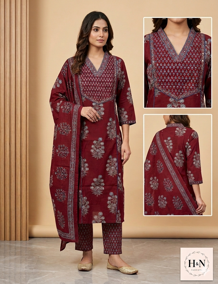 Maroon Mughal Printed Kurta Set with Dupatta