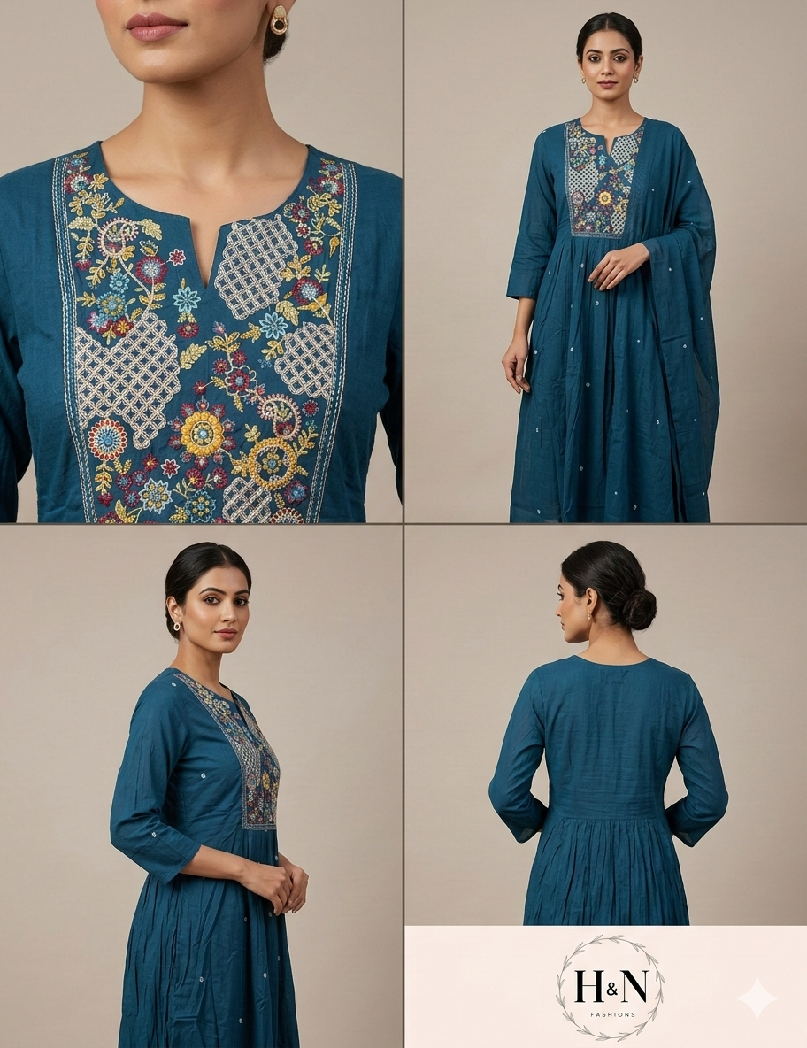 Blue Cotton Embroidered Salwar Set with Dupatta
