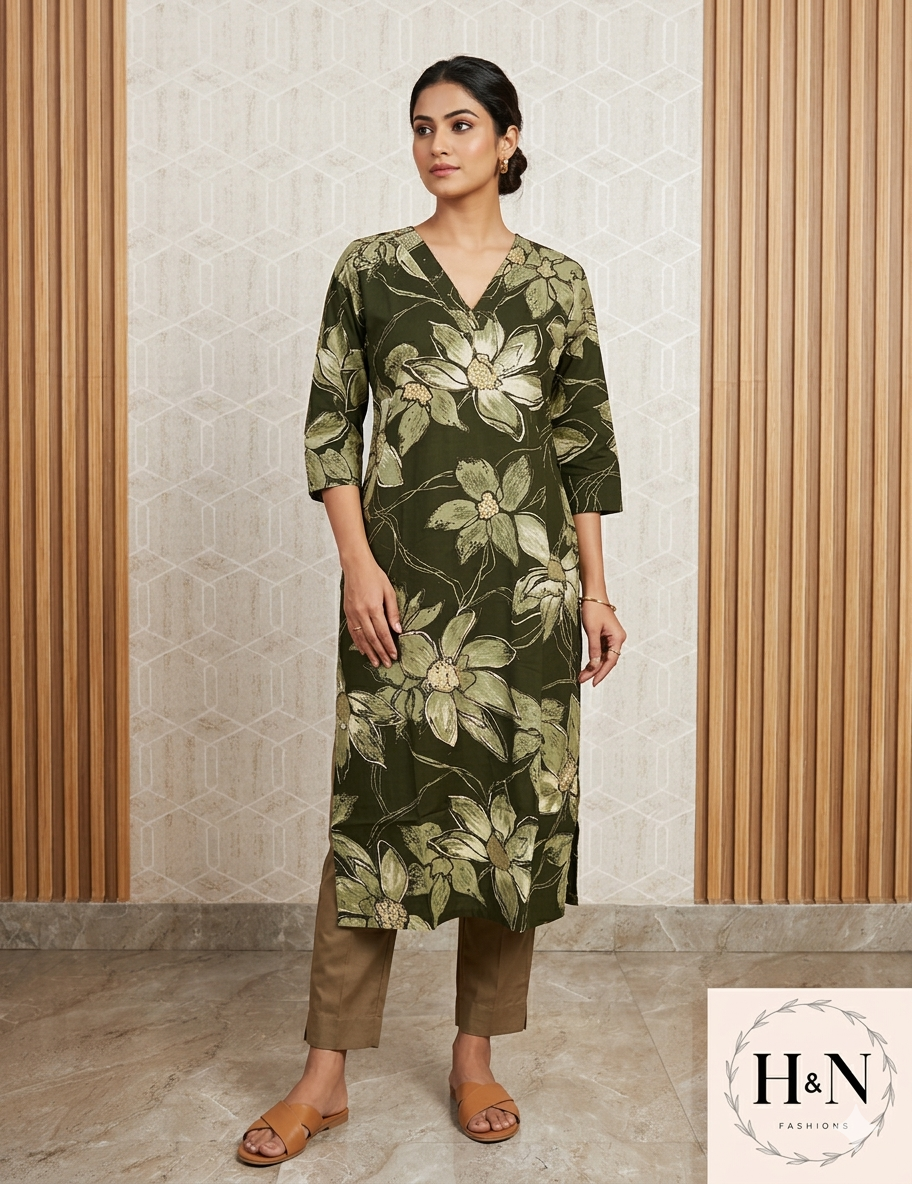 Olive Green Printed Kurta
