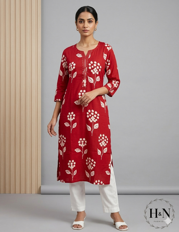 Red Cotton Straight-Fit Kurta