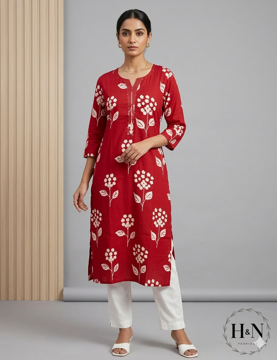Red Cotton Straight-Fit Kurta