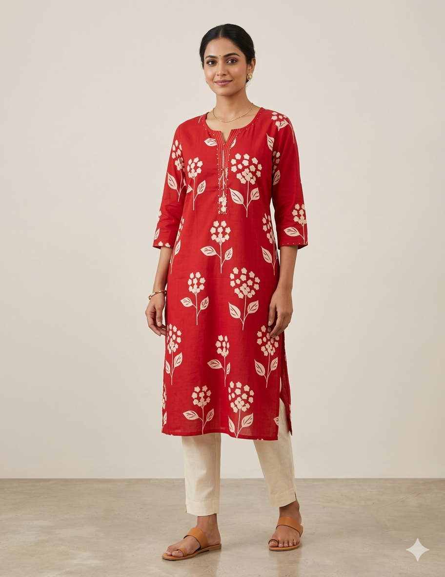 Red Cotton Straight-Fit Kurta