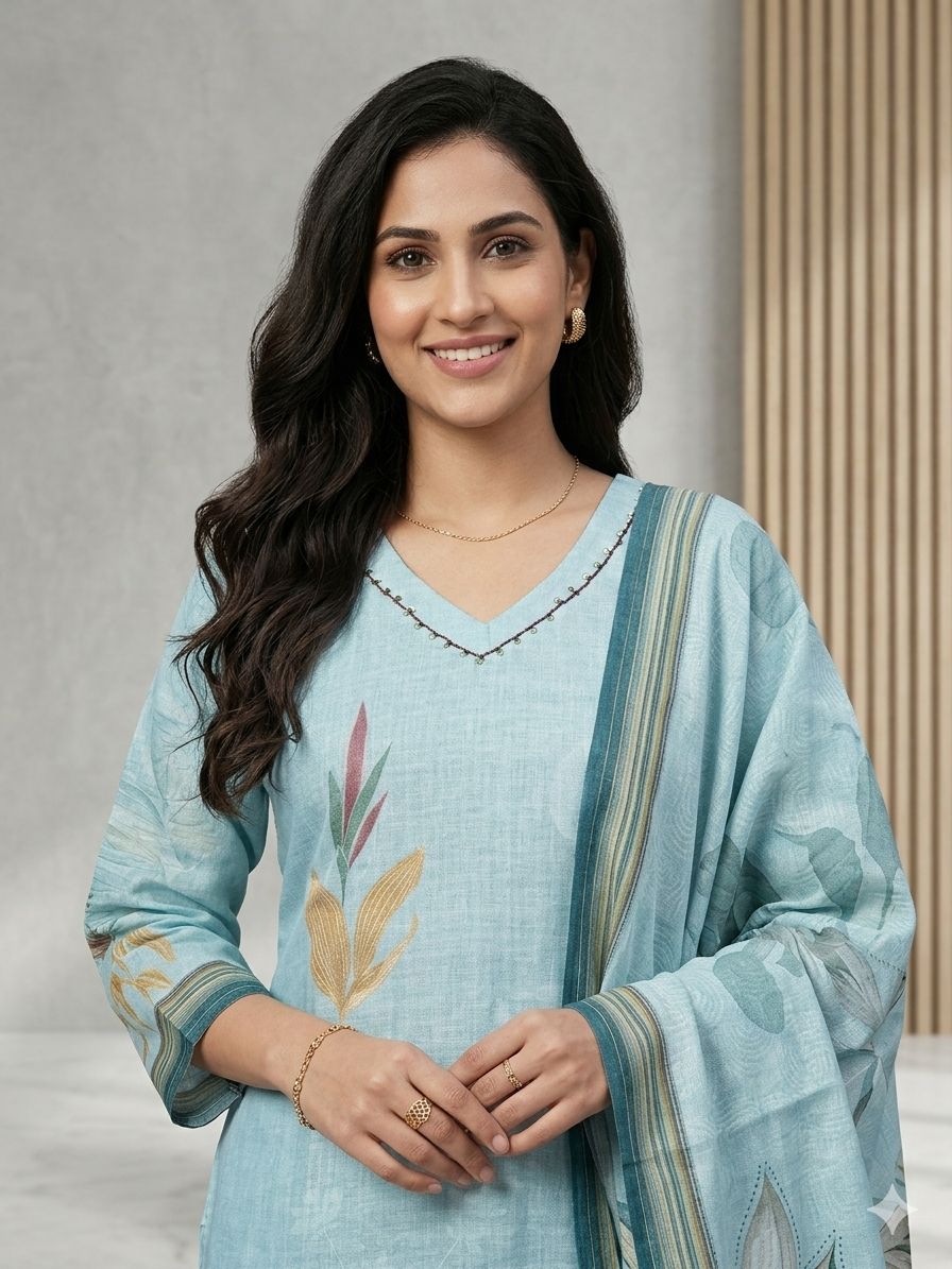Blue Cotton Linen Salwar Set