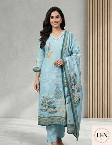 Blue Cotton Linen Salwar Set