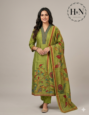 Green Kalamkari Printed Tussar Salwar Set