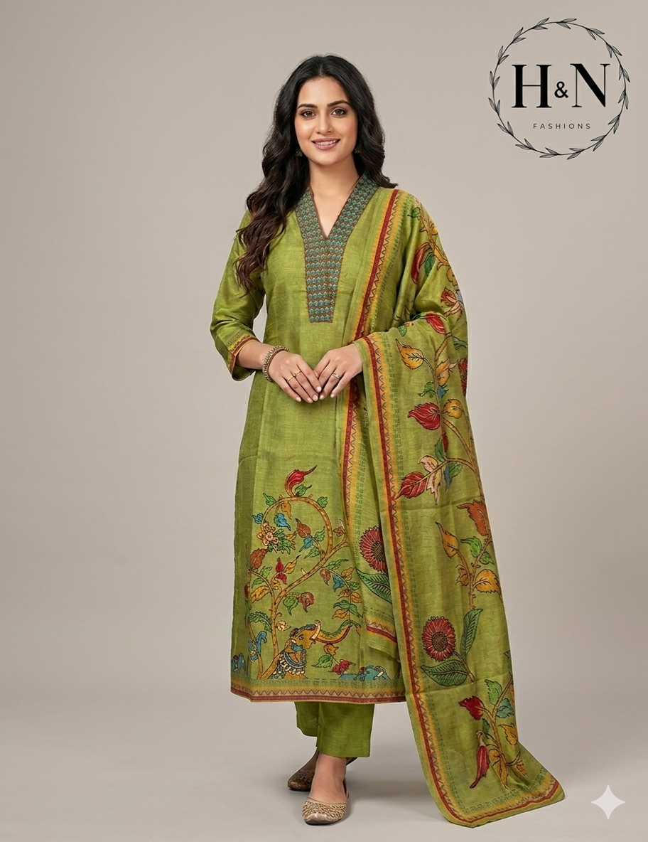 Green Kalamkari Printed Tussar Salwar Set