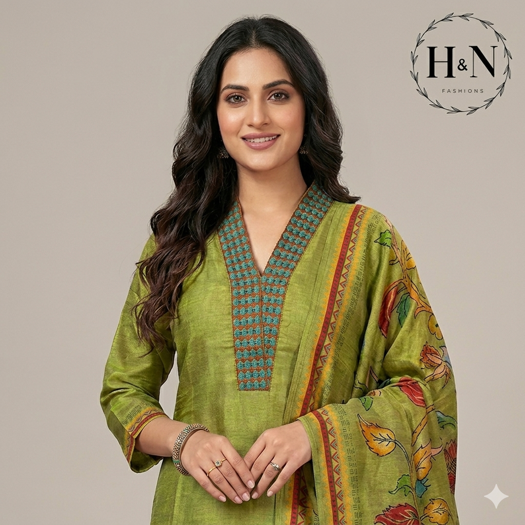 Green Kalamkari Printed Tussar Salwar Set