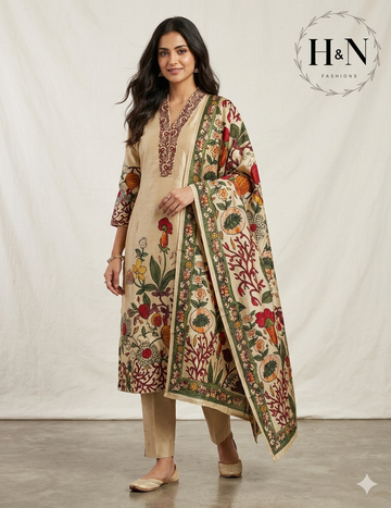 Cream Kalamkari Printed Tussar Salwar Set