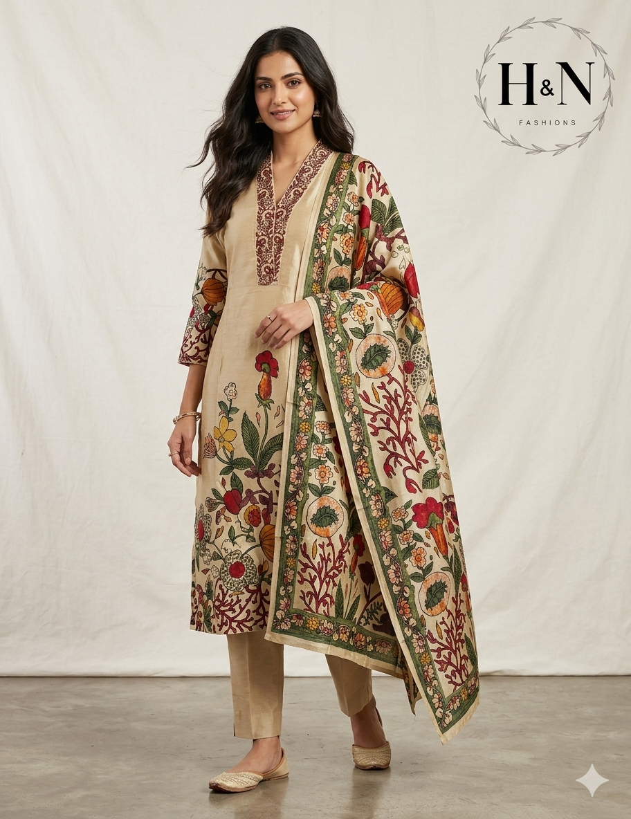 Cream Kalamkari Printed Tussar Salwar Set