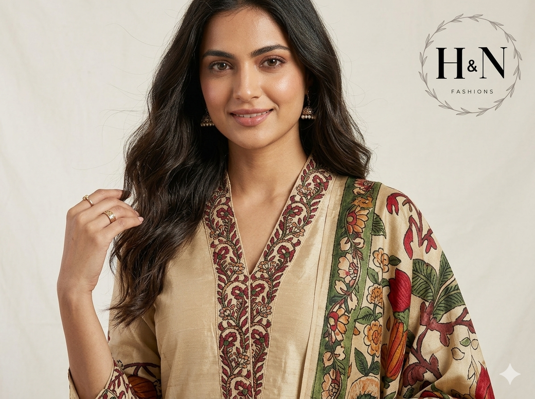 Cream Kalamkari Printed Tussar Salwar Set