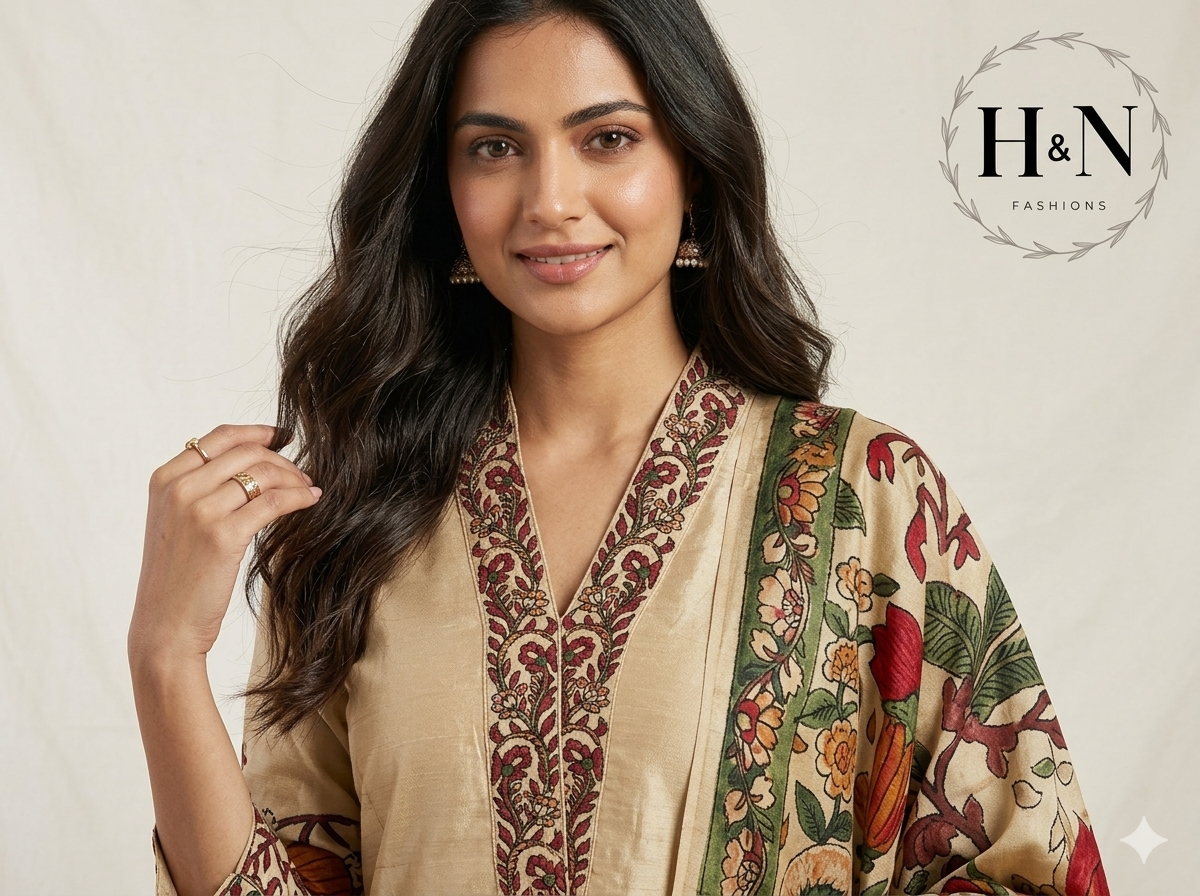 Cream Kalamkari Printed Tussar Salwar Set