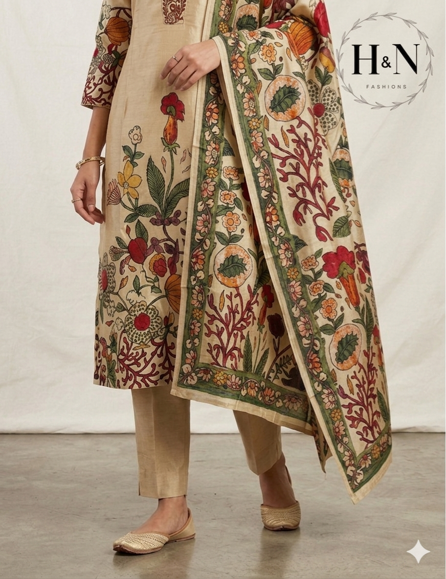 Cream Kalamkari Printed Tussar Salwar Set